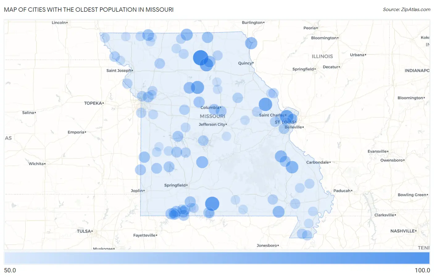 Cities with the Oldest Population in Missouri Map