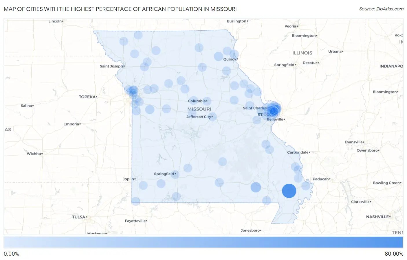 Cities with the Highest Percentage of African Population in Missouri Map