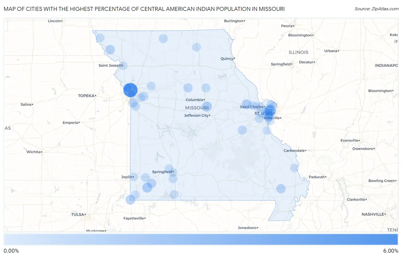 Cities with the Highest Percentage of Central American Indian Population in Missouri Map
