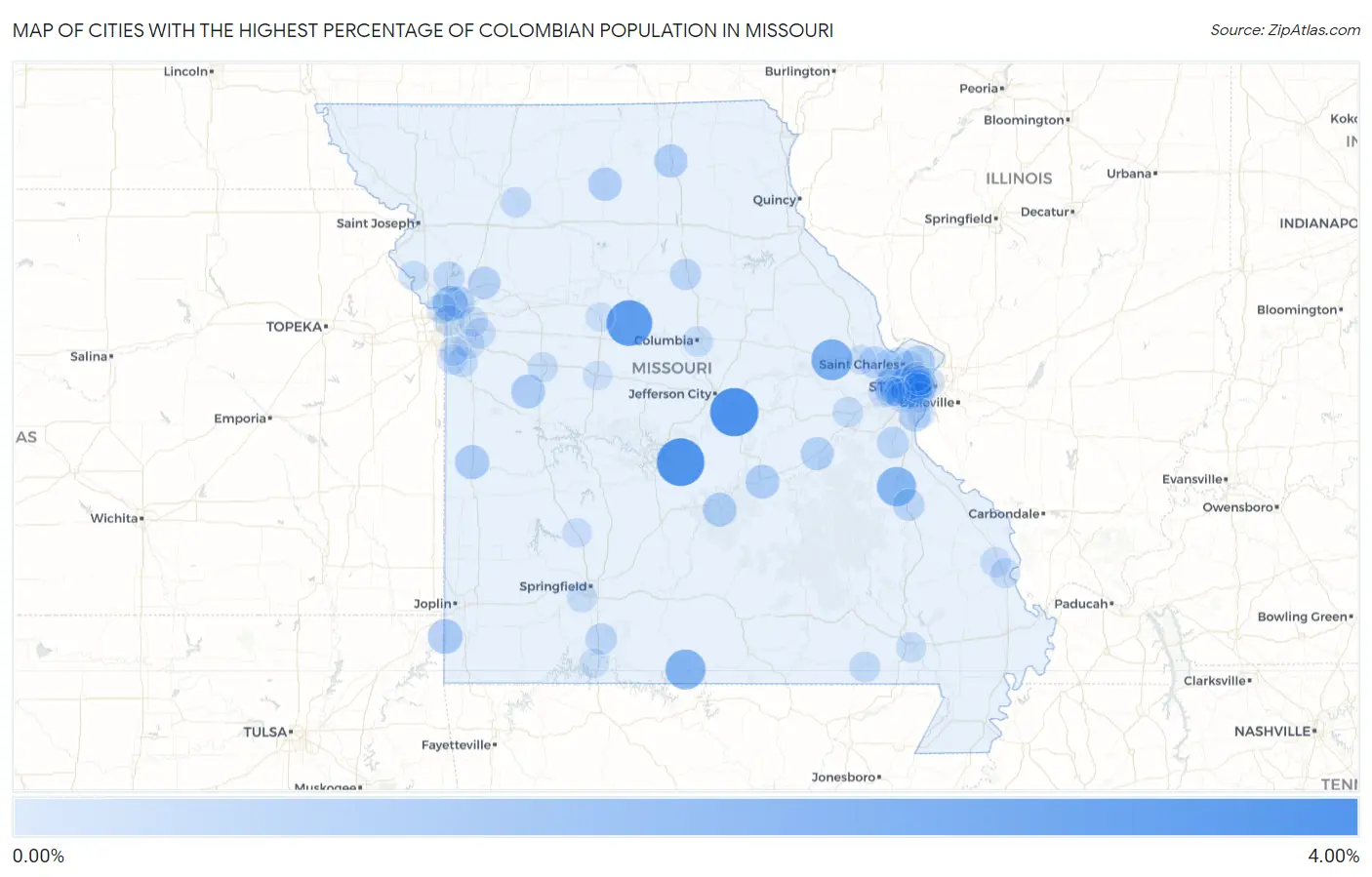 Cities with the Highest Percentage of Colombian Population in Missouri Map