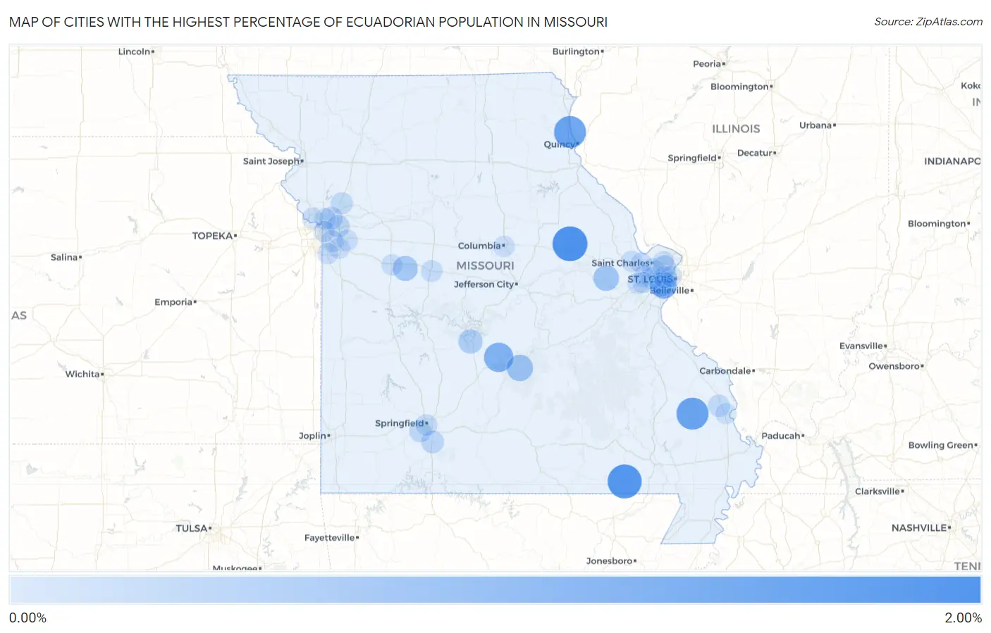 Cities with the Highest Percentage of Ecuadorian Population in Missouri Map
