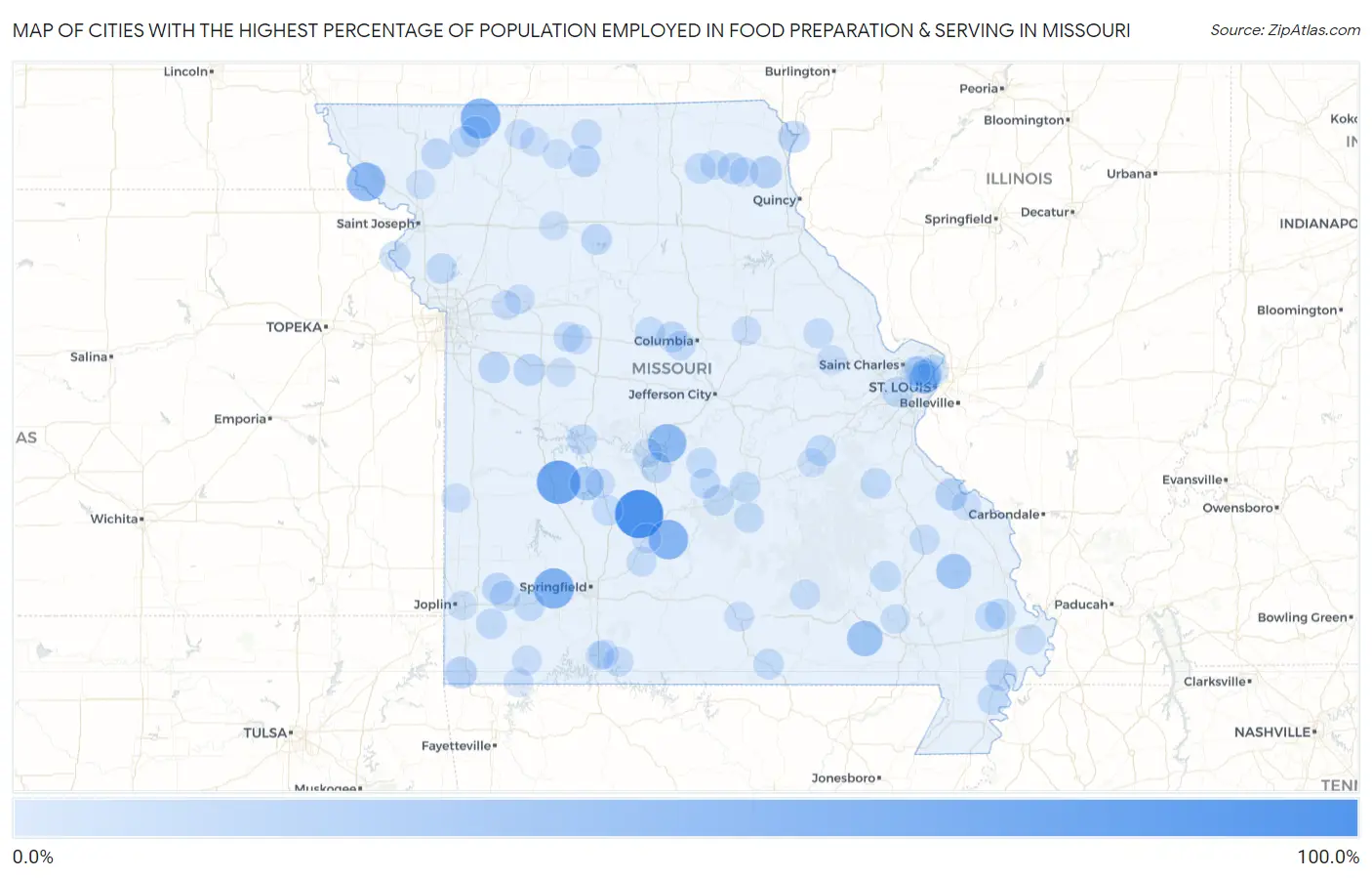 Cities with the Highest Percentage of Population Employed in Food Preparation & Serving in Missouri Map