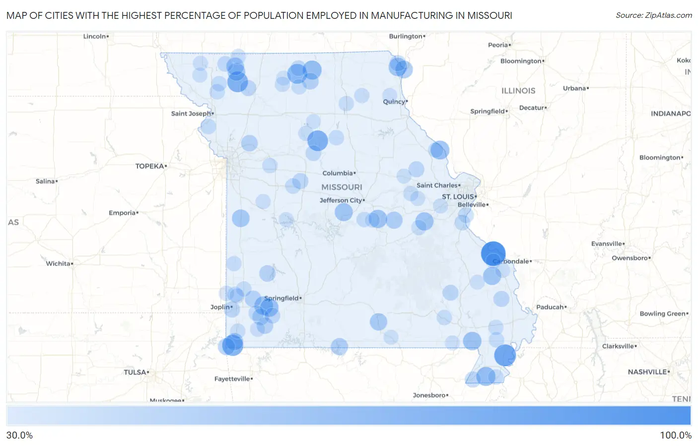 Cities with the Highest Percentage of Population Employed in Manufacturing in Missouri Map