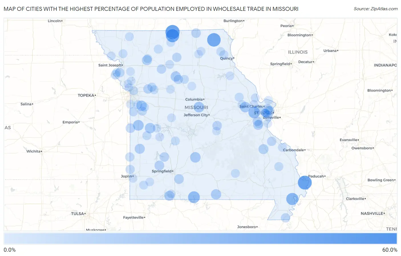 Cities with the Highest Percentage of Population Employed in Wholesale Trade in Missouri Map