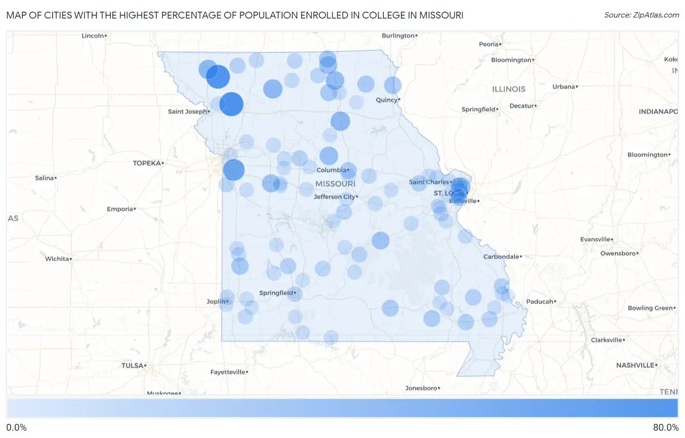 Cities with the Highest Percentage of Population Enrolled in College in Missouri Map