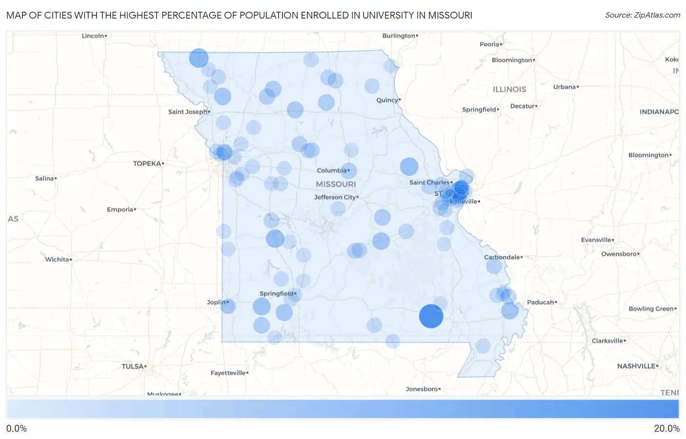 Cities with the Highest Percentage of Population Enrolled in University in Missouri Map