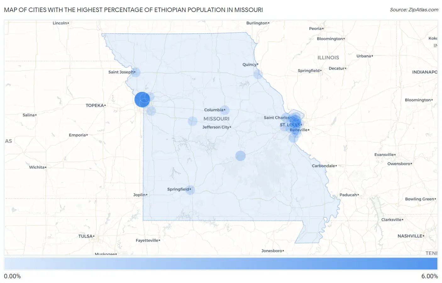 Cities with the Highest Percentage of Ethiopian Population in Missouri Map