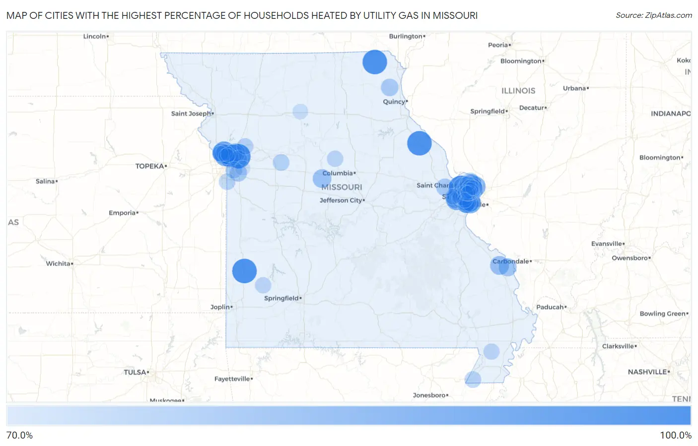 Cities with the Highest Percentage of Households Heated by Utility Gas in Missouri Map