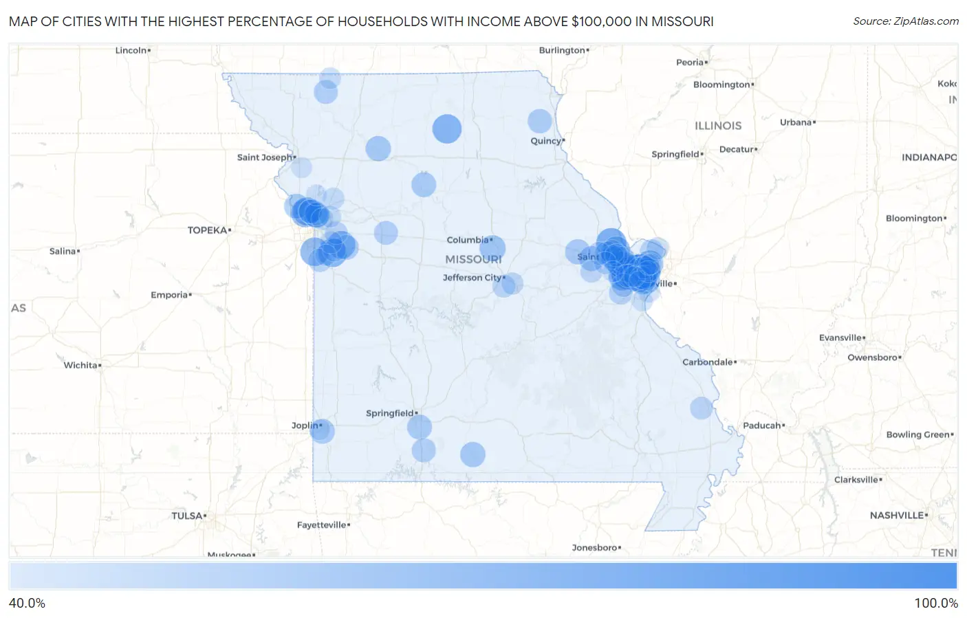Cities with the Highest Percentage of Households with Income Above $100,000 in Missouri Map