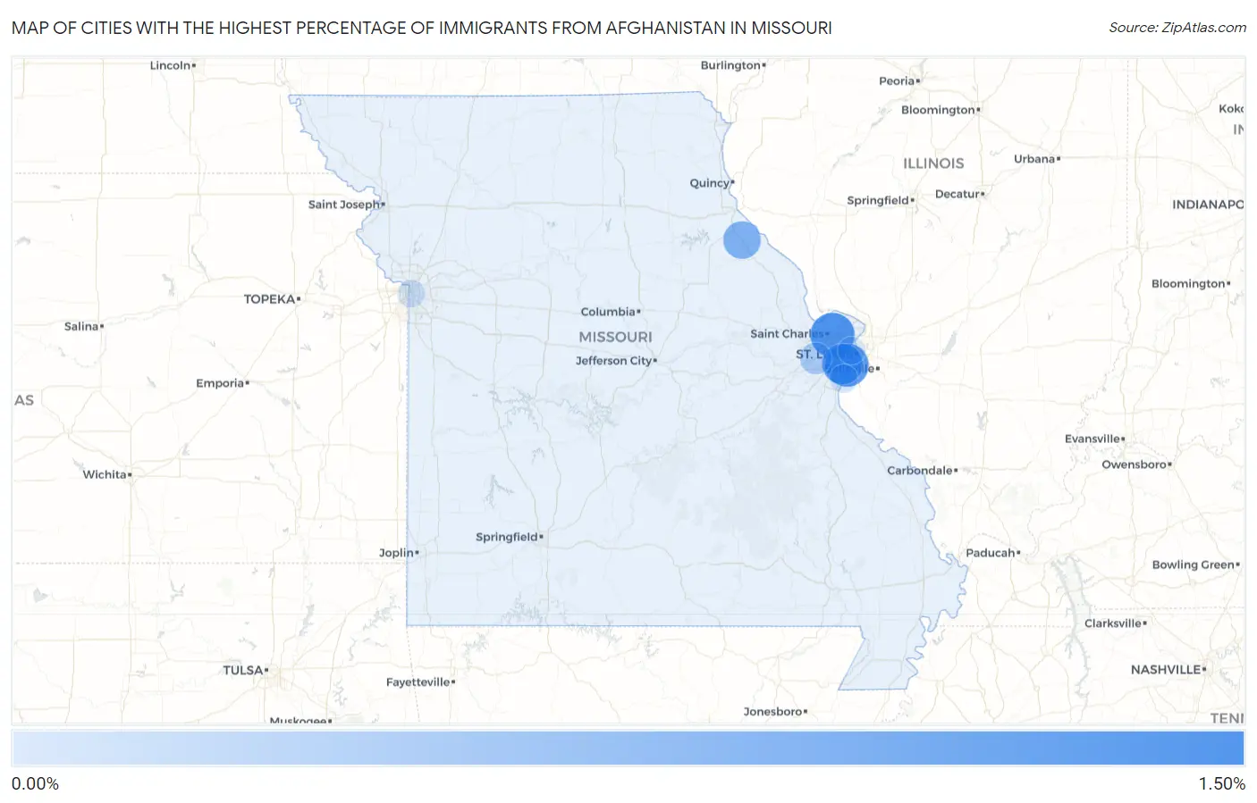 Cities with the Highest Percentage of Immigrants from Afghanistan in Missouri Map