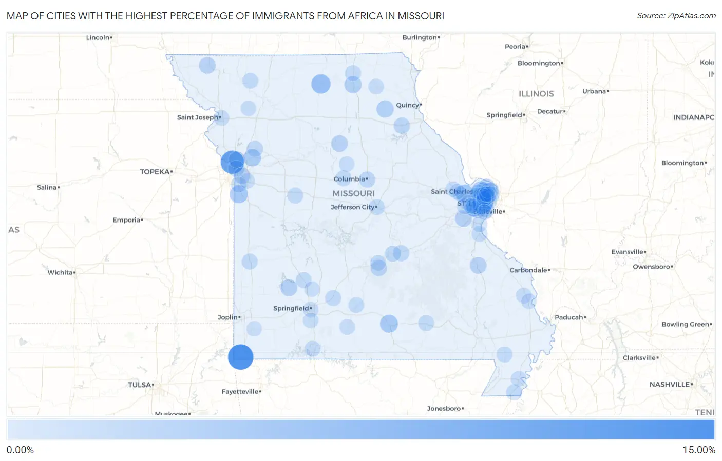 Cities with the Highest Percentage of Immigrants from Africa in Missouri Map