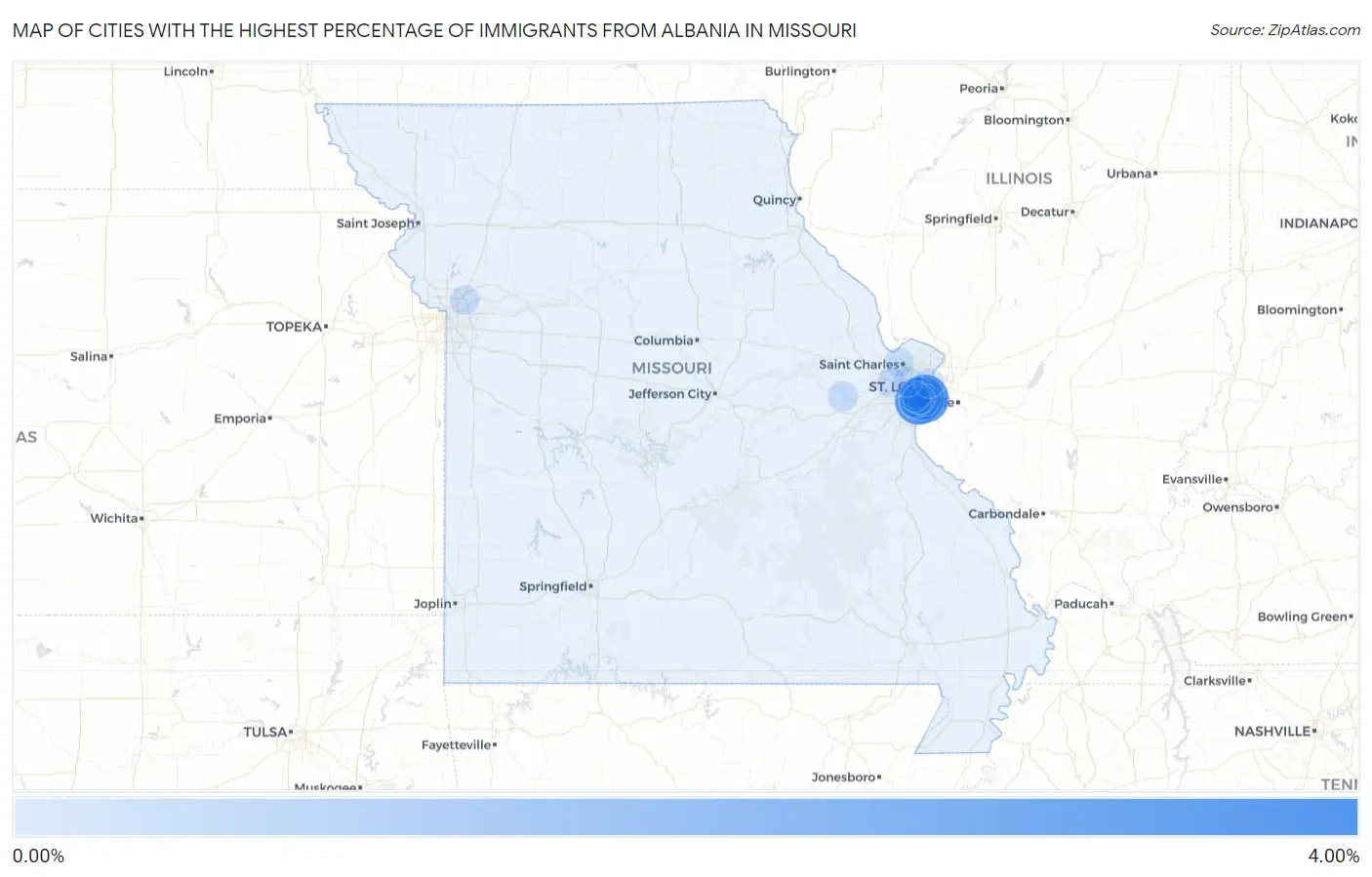Cities with the Highest Percentage of Immigrants from Albania in Missouri Map