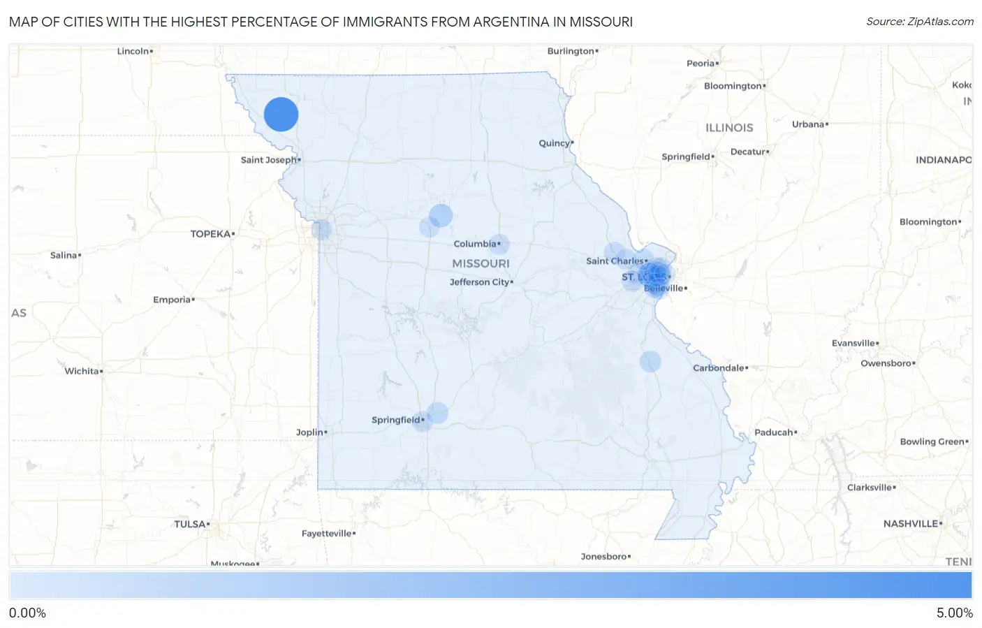 Cities with the Highest Percentage of Immigrants from Argentina in Missouri Map