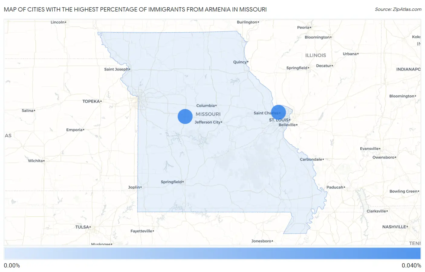Cities with the Highest Percentage of Immigrants from Armenia in Missouri Map