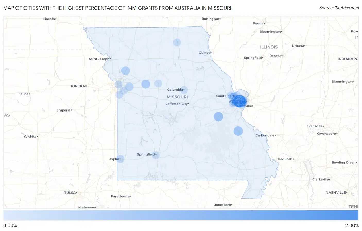 Cities with the Highest Percentage of Immigrants from Australia in Missouri Map