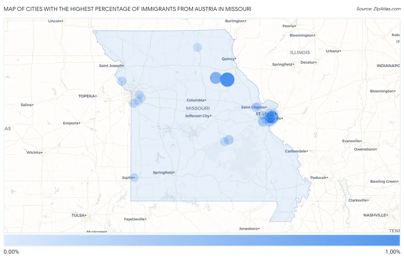 Cities with the Highest Percentage of Immigrants from Austria in Missouri Map