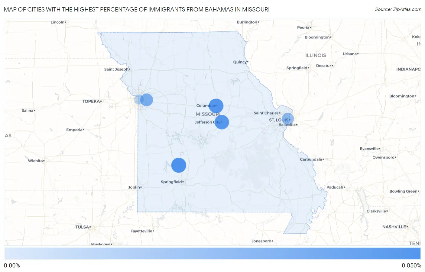 Cities with the Highest Percentage of Immigrants from Bahamas in Missouri Map