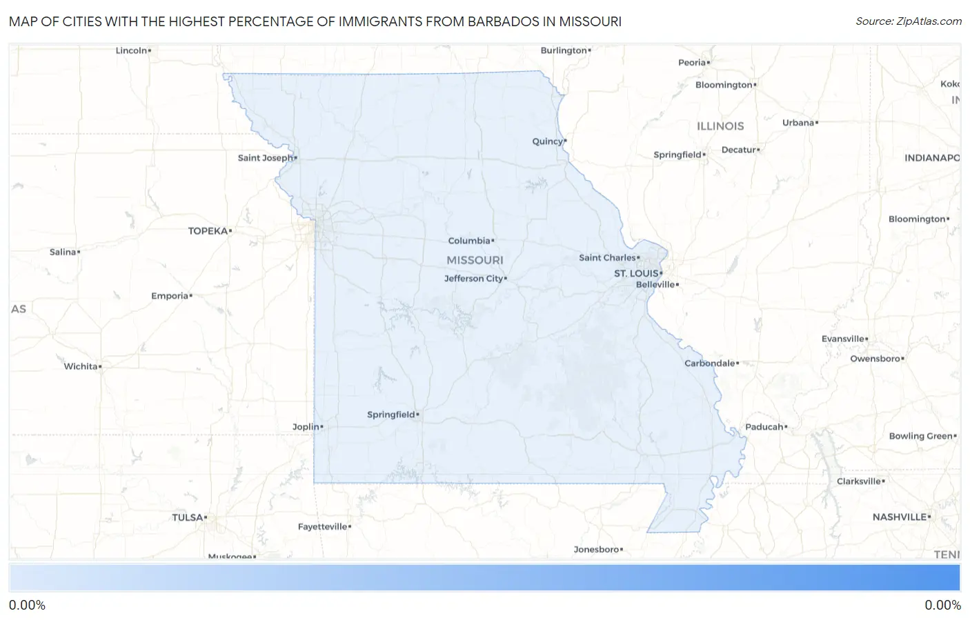 Cities with the Highest Percentage of Immigrants from Barbados in Missouri Map