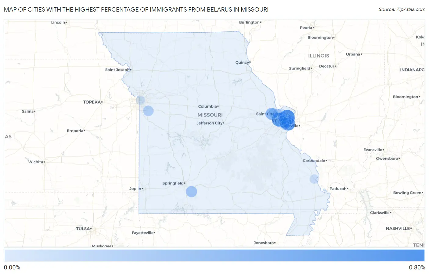 Cities with the Highest Percentage of Immigrants from Belarus in Missouri Map