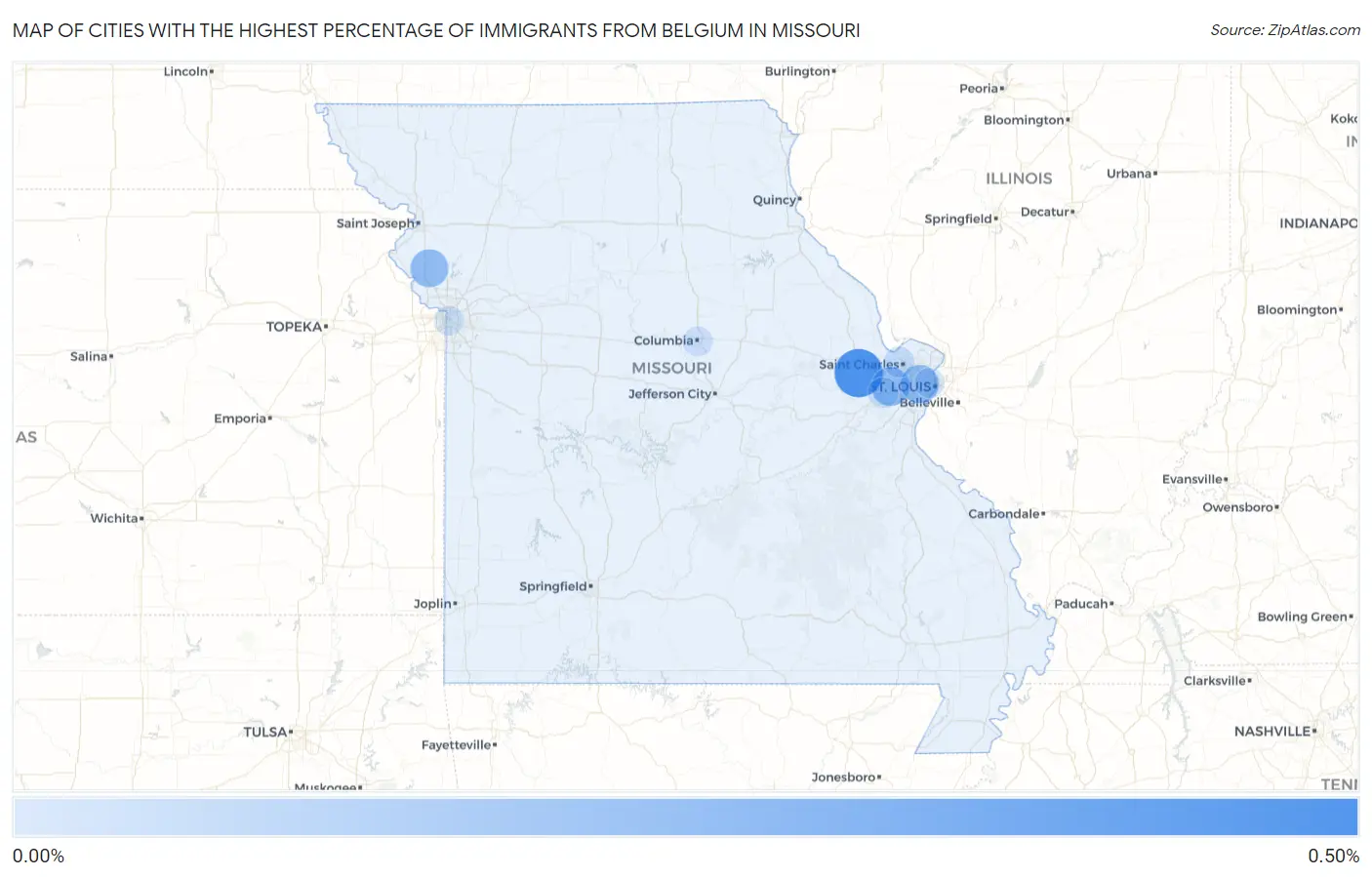 Cities with the Highest Percentage of Immigrants from Belgium in Missouri Map