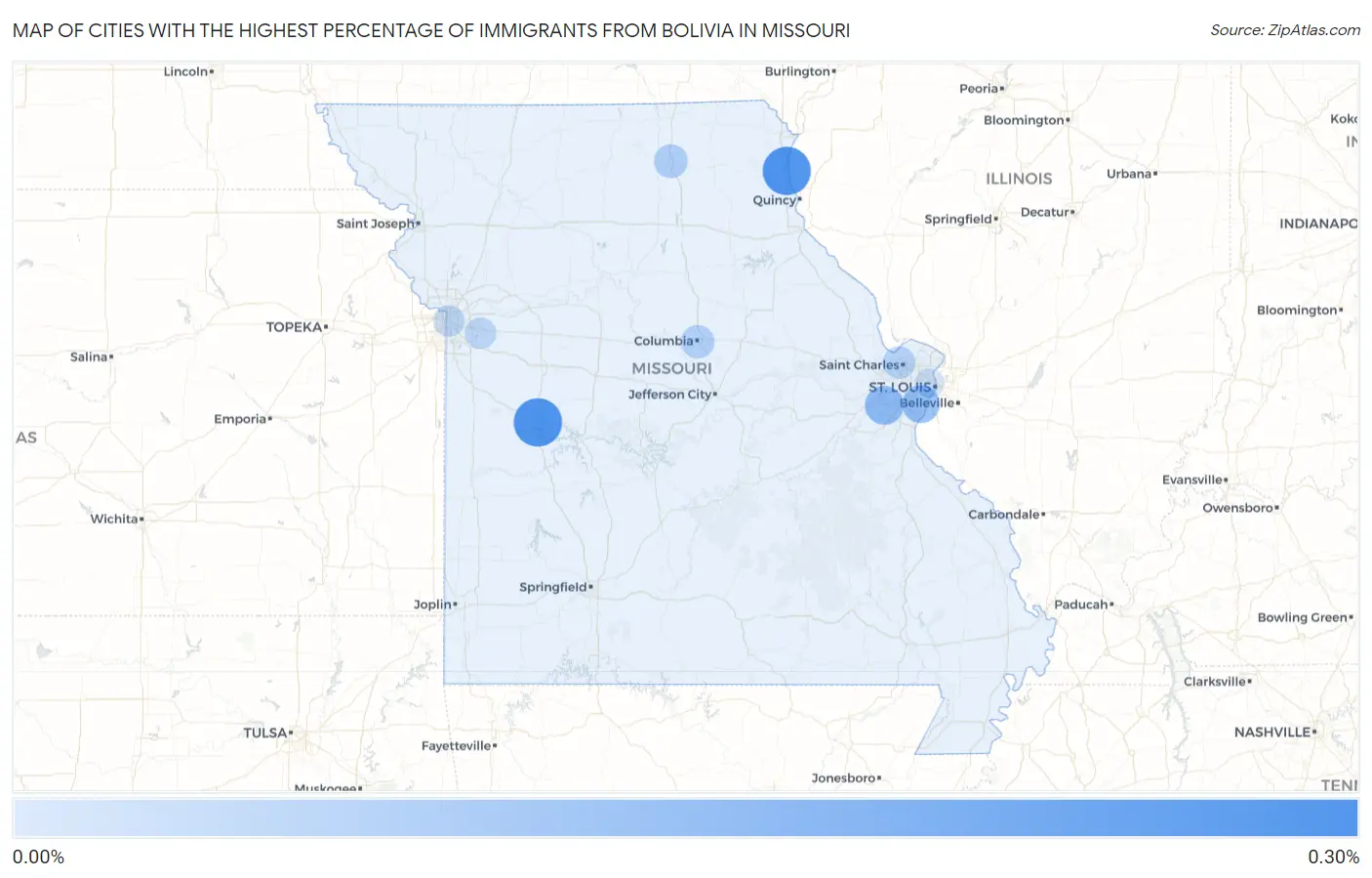Cities with the Highest Percentage of Immigrants from Bolivia in Missouri Map