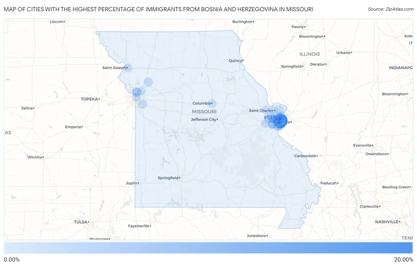 Cities with the Highest Percentage of Immigrants from Bosnia and Herzegovina in Missouri Map