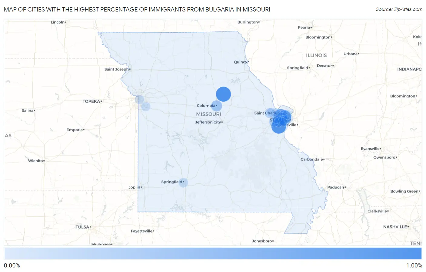 Cities with the Highest Percentage of Immigrants from Bulgaria in Missouri Map