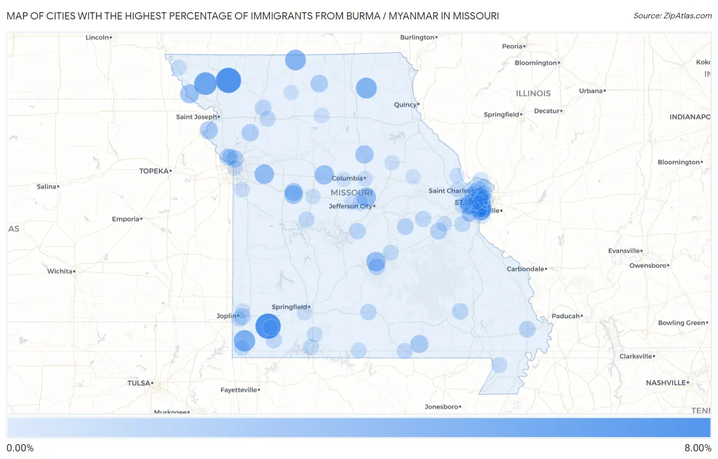Cities with the Highest Percentage of Immigrants from Burma / Myanmar in Missouri Map