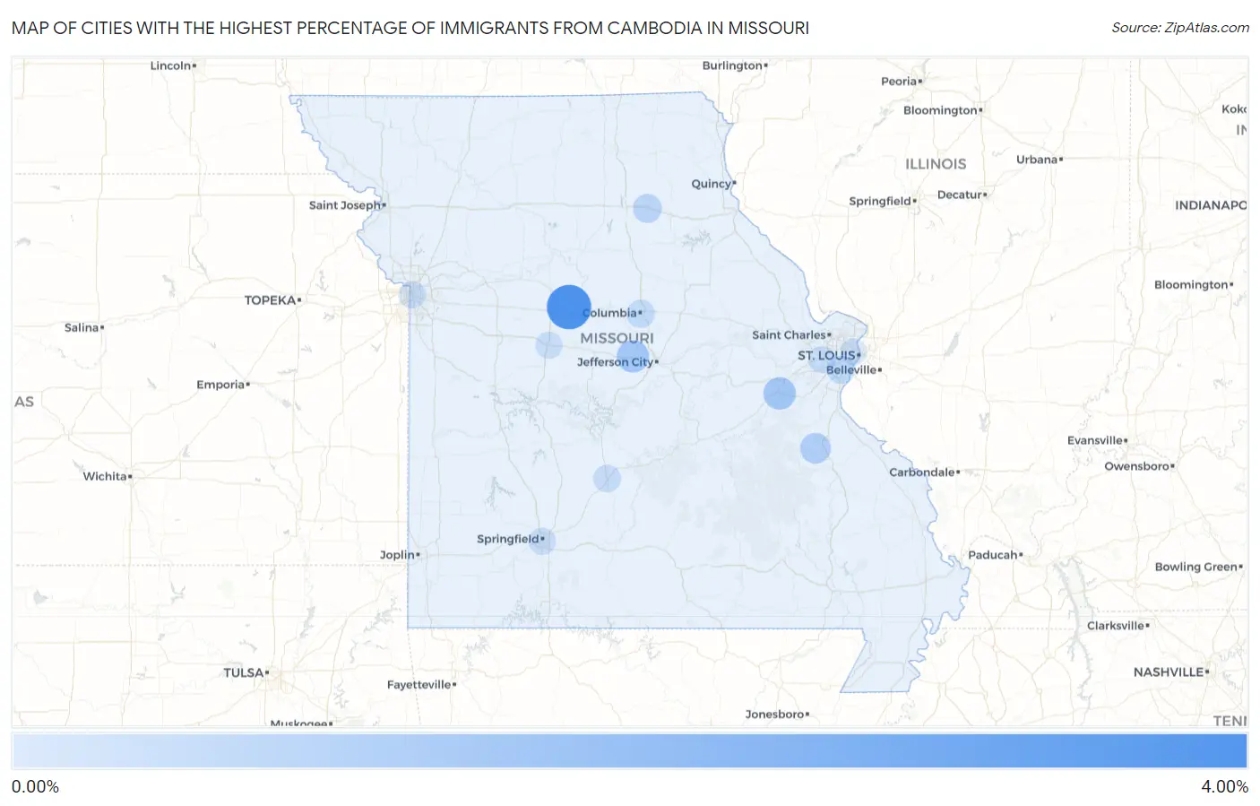 Cities with the Highest Percentage of Immigrants from Cambodia in Missouri Map