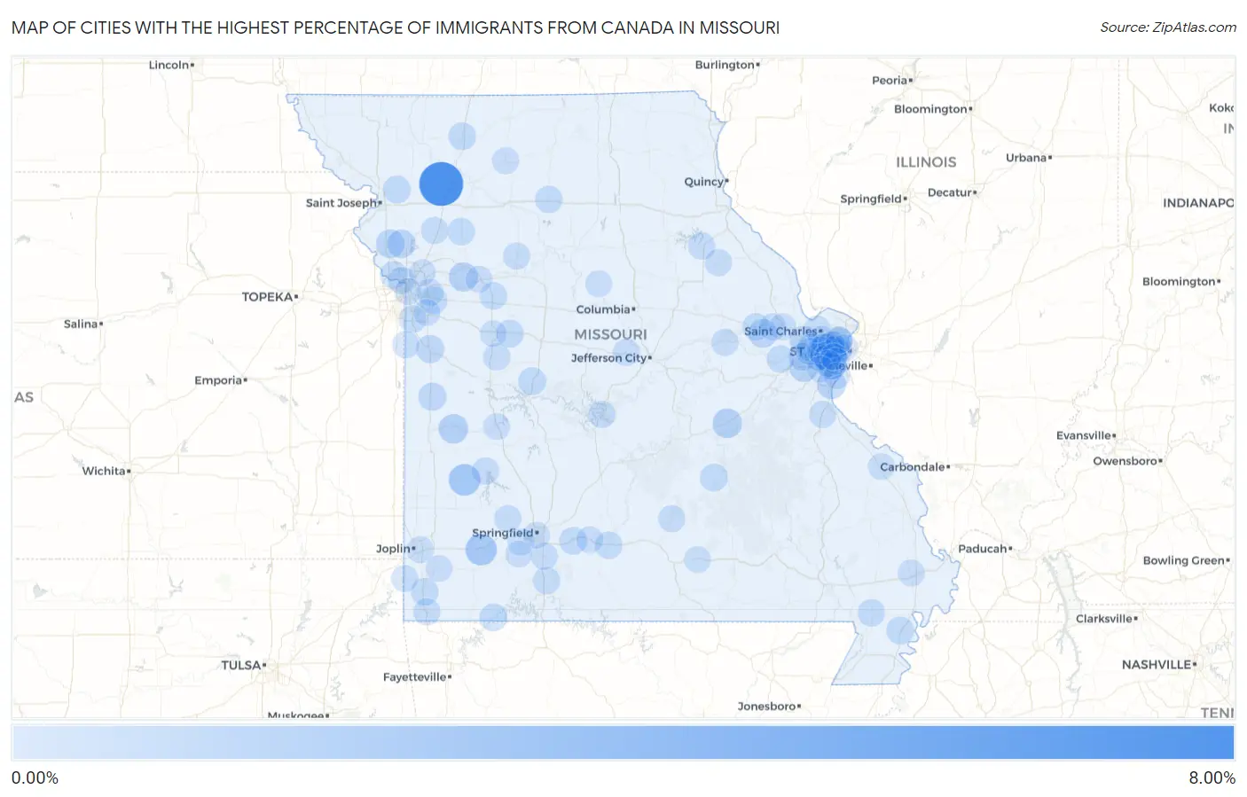 Cities with the Highest Percentage of Immigrants from Canada in Missouri Map