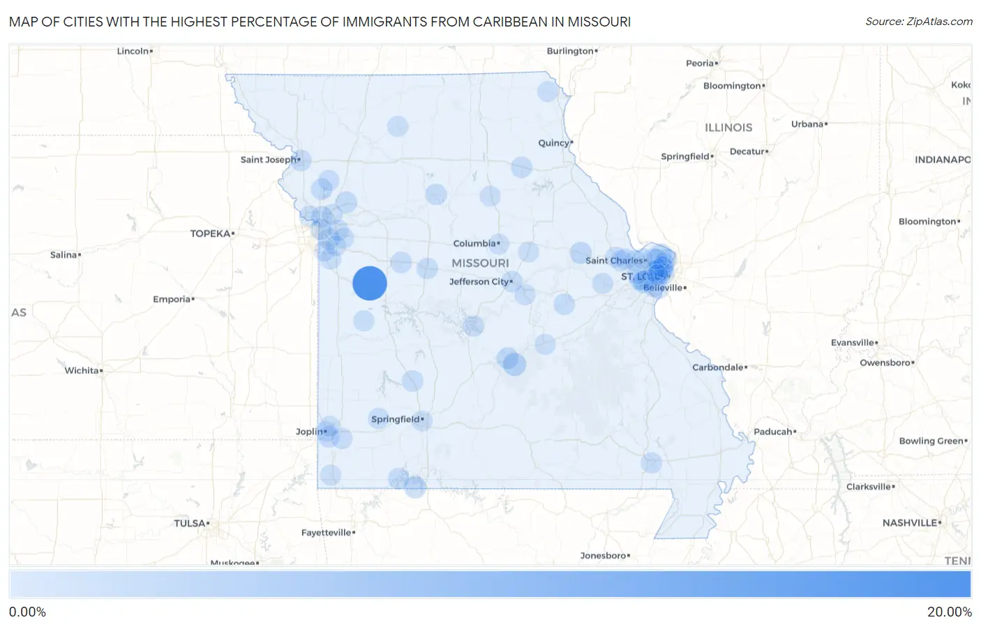 Cities with the Highest Percentage of Immigrants from Caribbean in Missouri Map
