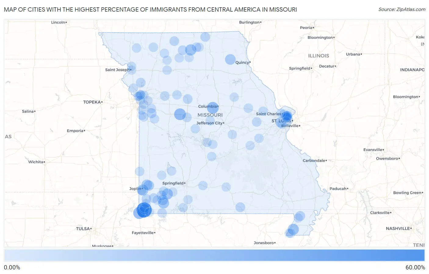 Cities with the Highest Percentage of Immigrants from Central America in Missouri Map