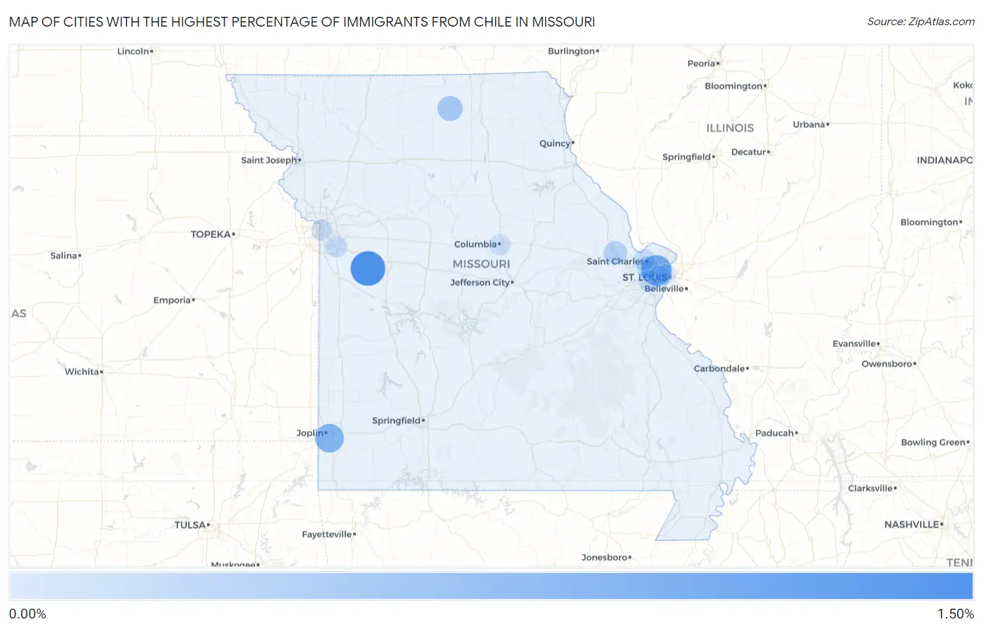 Cities with the Highest Percentage of Immigrants from Chile in Missouri Map