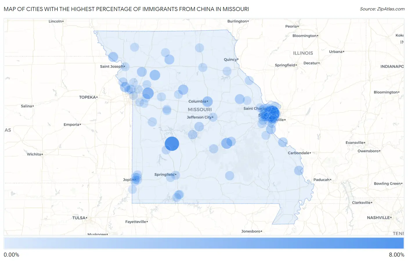 Cities with the Highest Percentage of Immigrants from China in Missouri Map