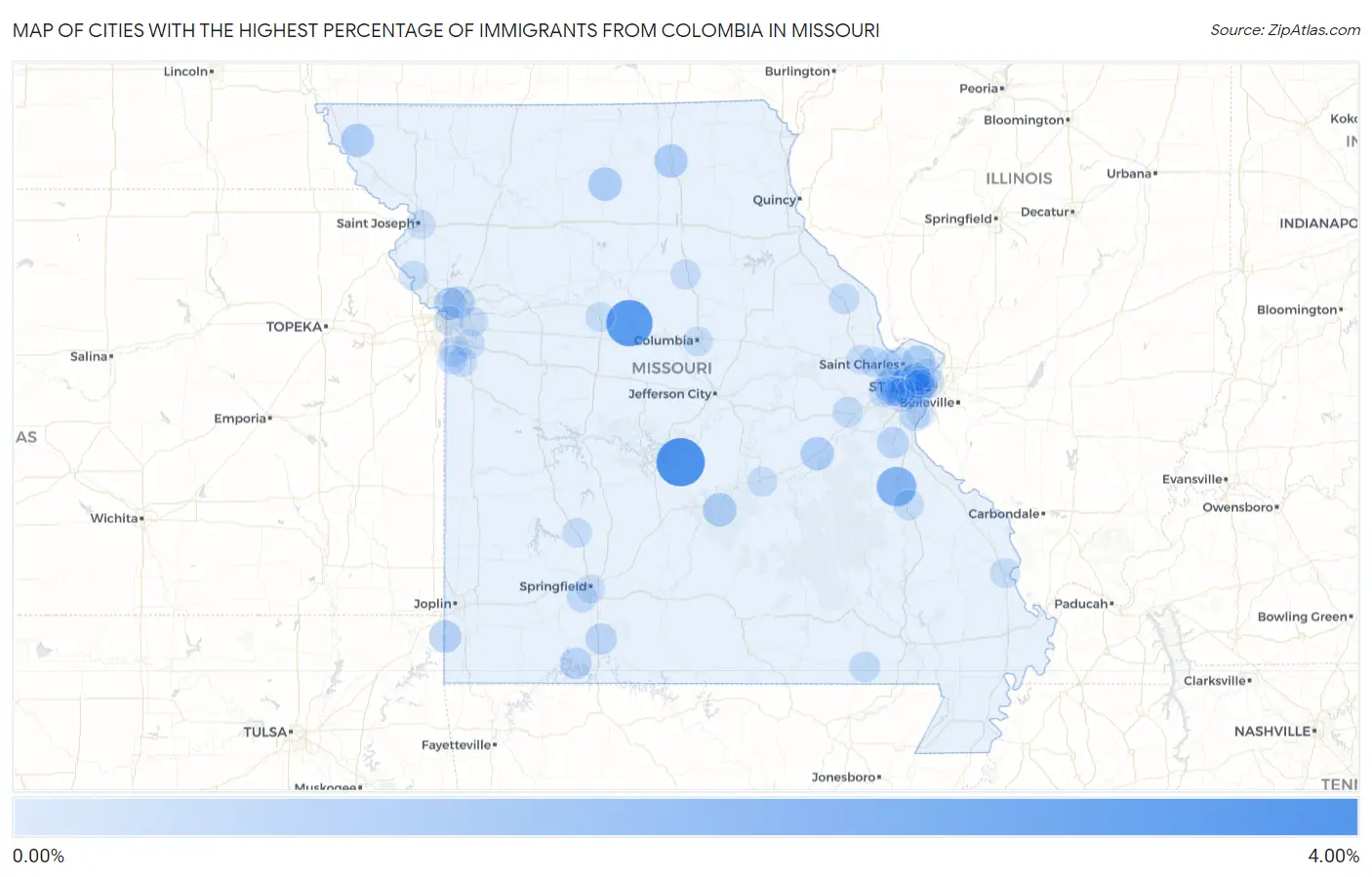 Cities with the Highest Percentage of Immigrants from Colombia in Missouri Map