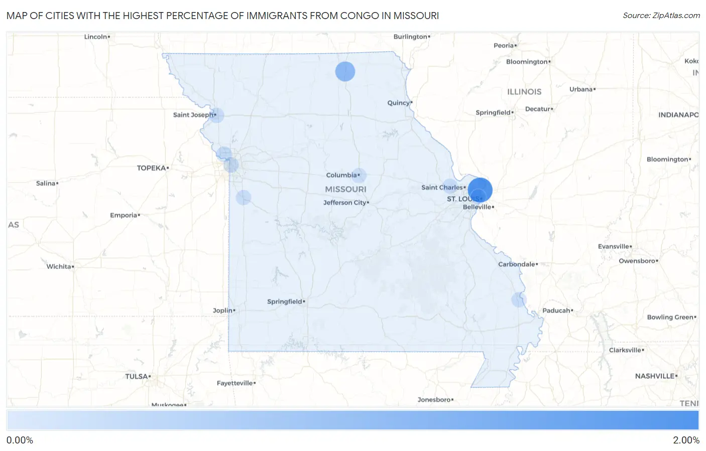 Cities with the Highest Percentage of Immigrants from Congo in Missouri Map