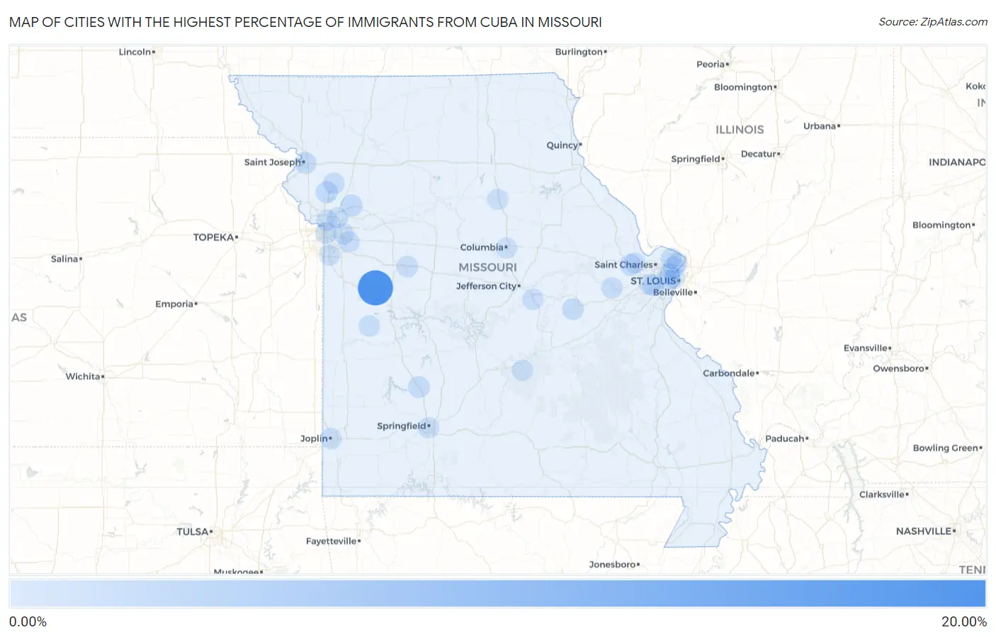 Cities with the Highest Percentage of Immigrants from Cuba in Missouri Map