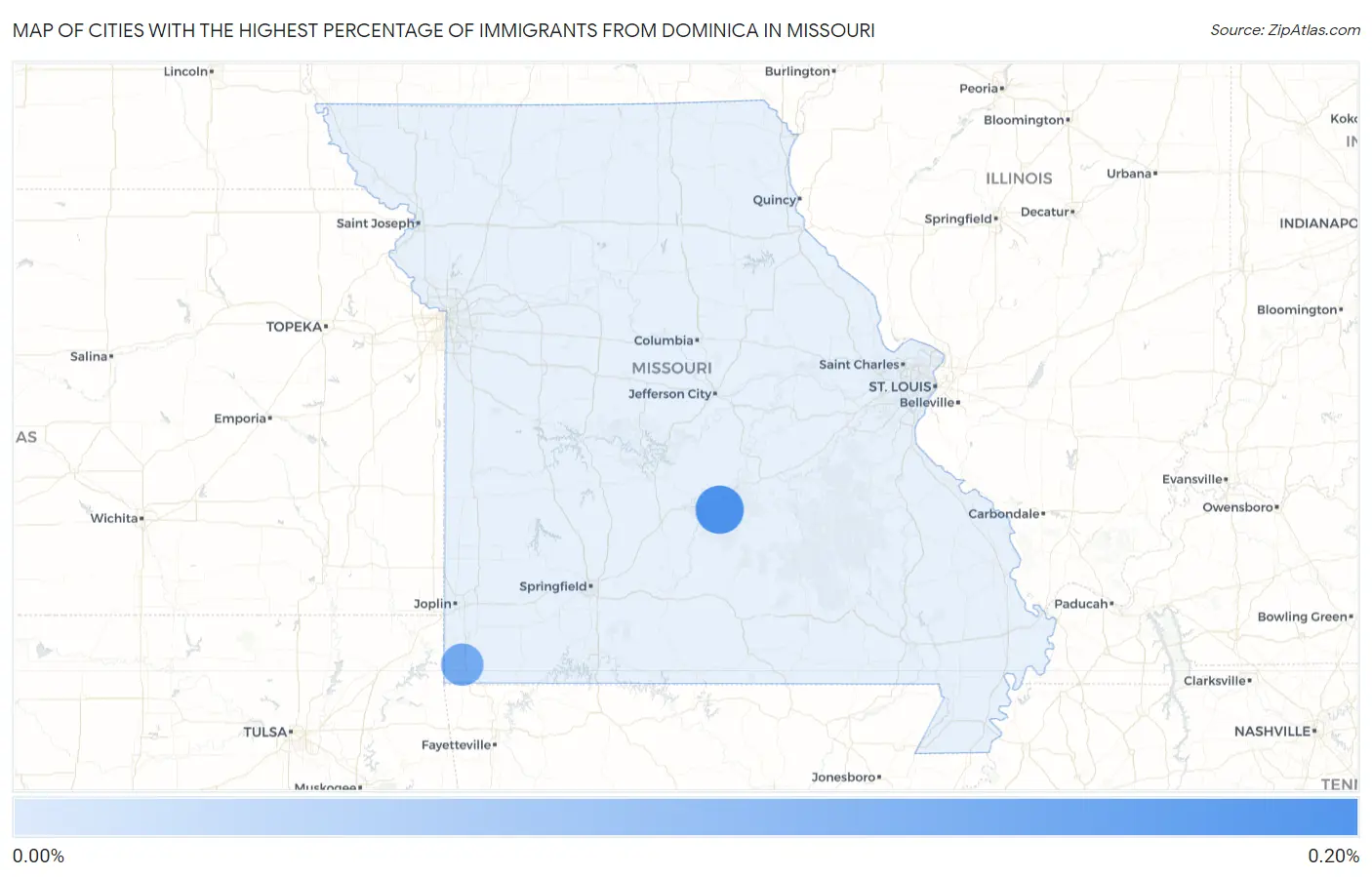 Cities with the Highest Percentage of Immigrants from Dominica in Missouri Map
