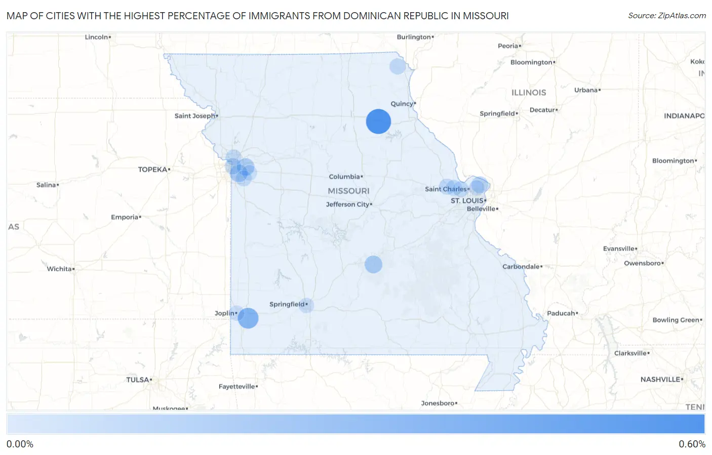 Cities with the Highest Percentage of Immigrants from Dominican Republic in Missouri Map
