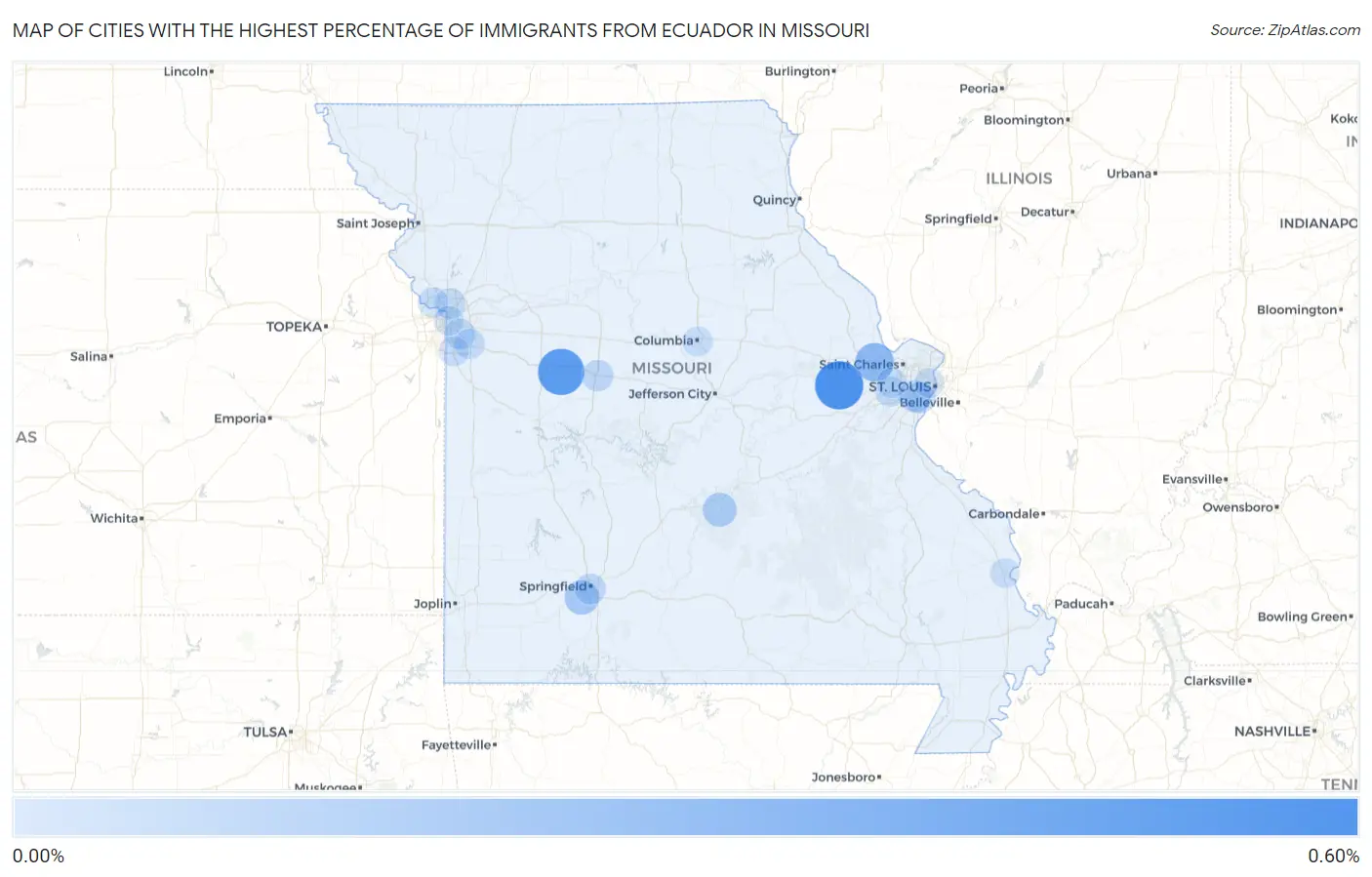 Cities with the Highest Percentage of Immigrants from Ecuador in Missouri Map