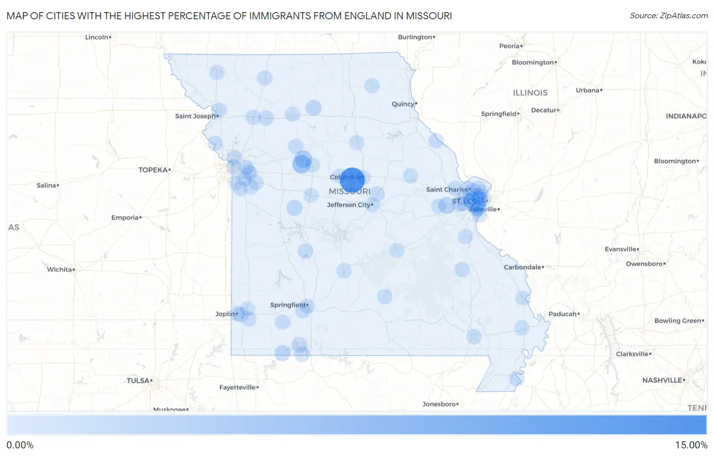 Cities with the Highest Percentage of Immigrants from England in Missouri Map