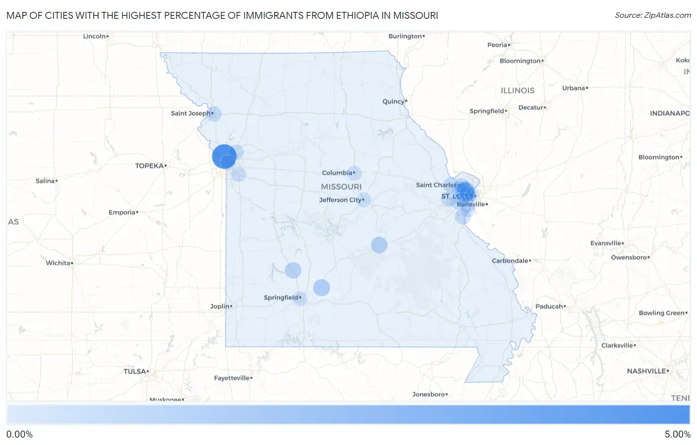 Cities with the Highest Percentage of Immigrants from Ethiopia in Missouri Map