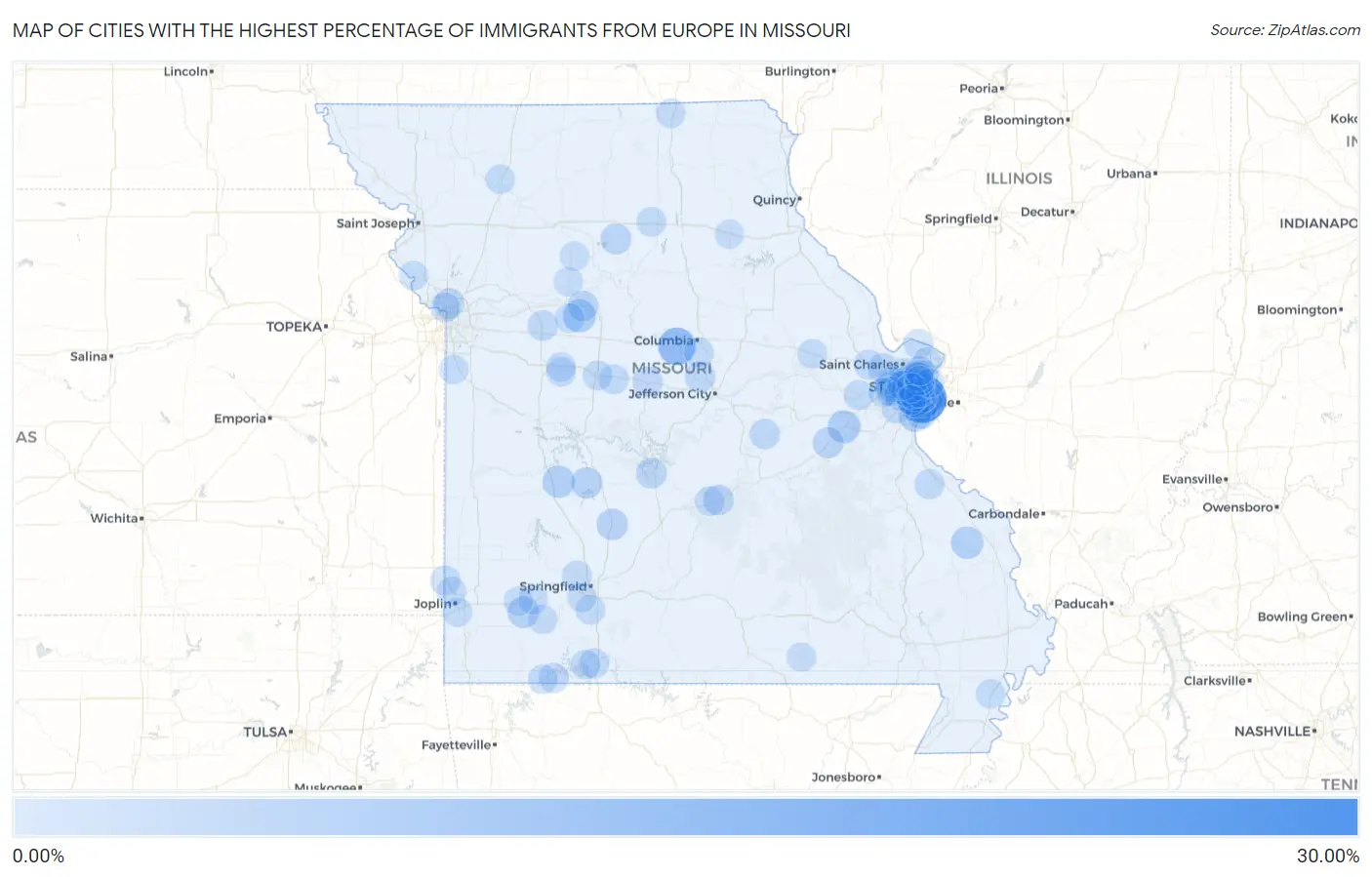 Cities with the Highest Percentage of Immigrants from Europe in Missouri Map