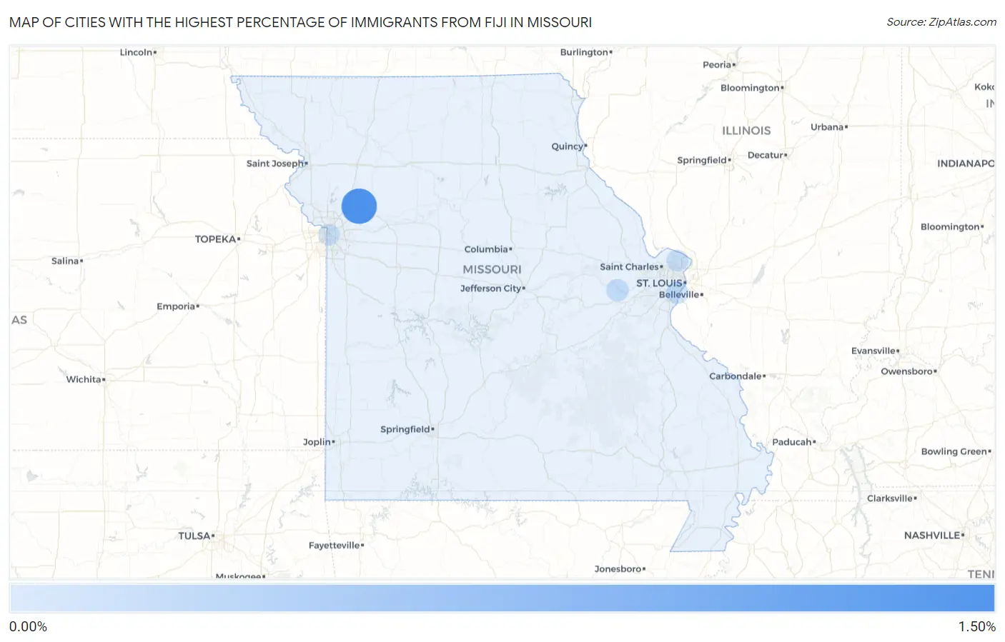 Cities with the Highest Percentage of Immigrants from Fiji in Missouri Map