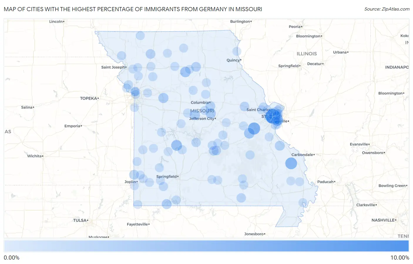 Cities with the Highest Percentage of Immigrants from Germany in Missouri Map