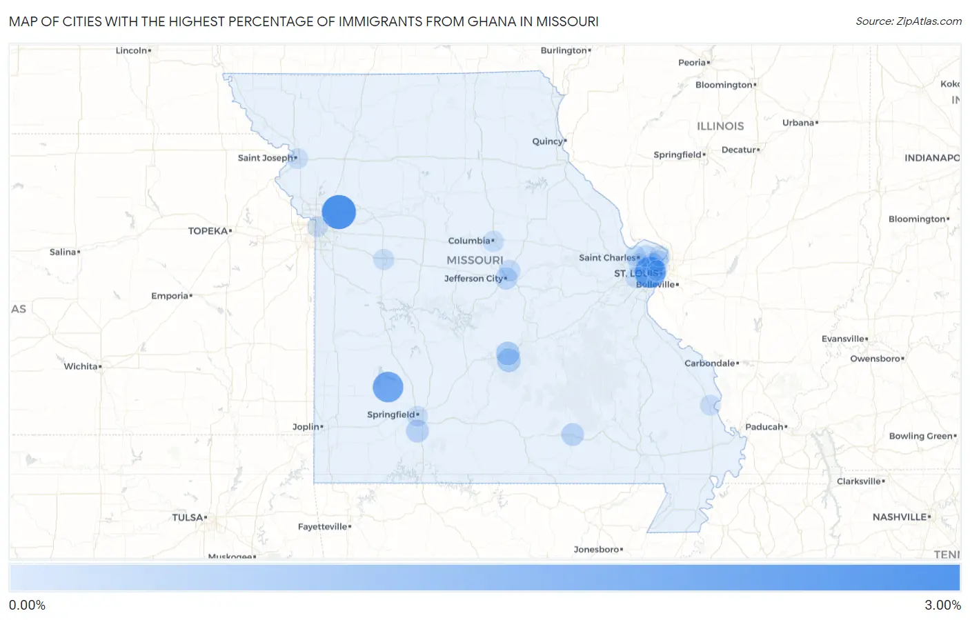 Cities with the Highest Percentage of Immigrants from Ghana in Missouri Map