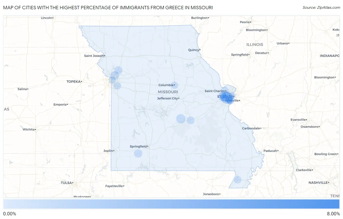 Cities with the Highest Percentage of Immigrants from Greece in Missouri Map