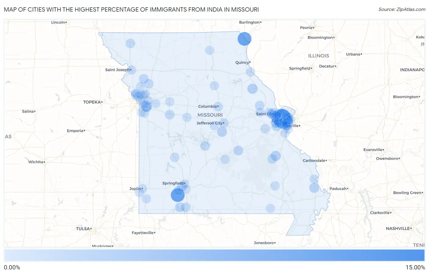 Cities with the Highest Percentage of Immigrants from India in Missouri Map