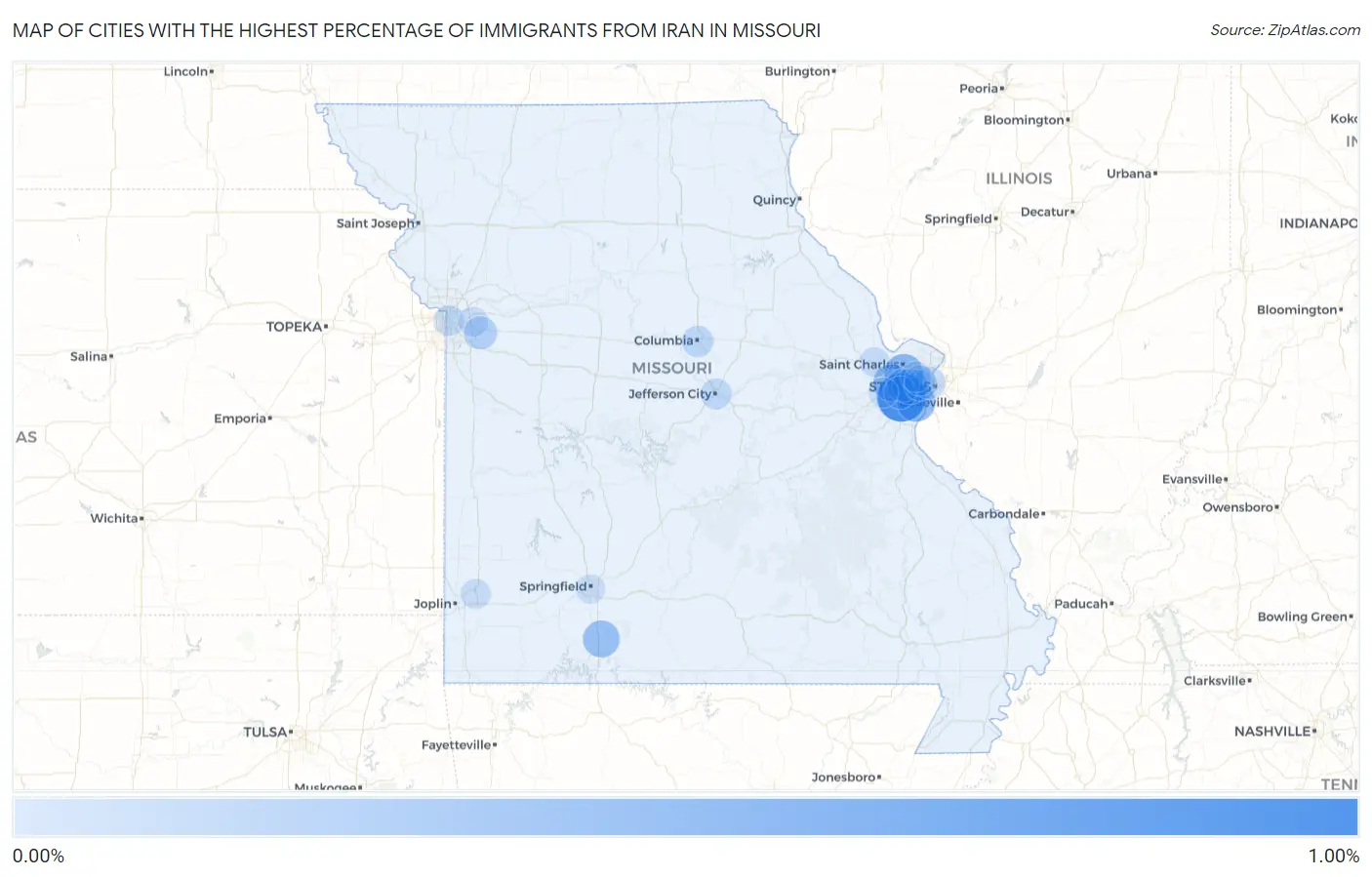Cities with the Highest Percentage of Immigrants from Iran in Missouri Map
