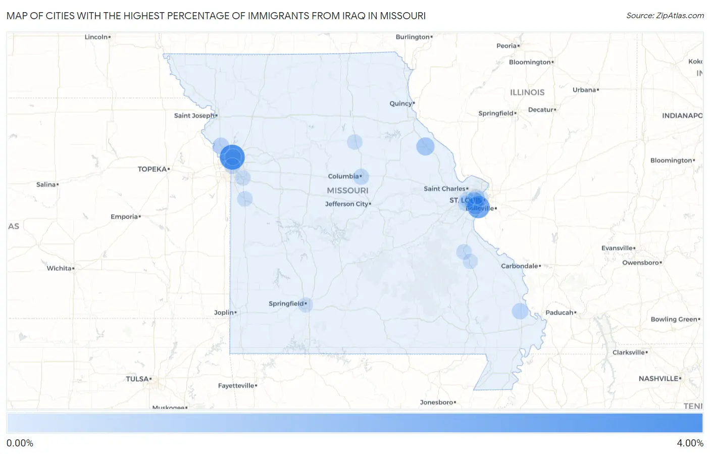 Cities with the Highest Percentage of Immigrants from Iraq in Missouri Map